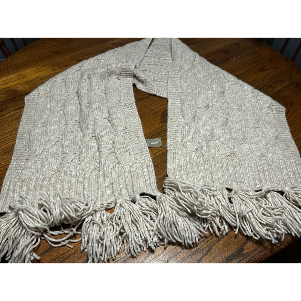 J.Crew Cable Knit Scarf‎ Oatmeal Beige Wool Blend Tassel Fringe BD053 HO21 NEW
